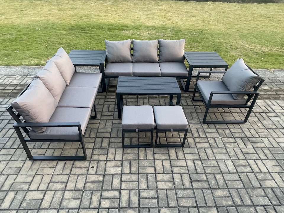 image 1 of Fimous Aluminium 9 Seater Garden Furniture Outdoor Patio Sofa Set with Rectangular Coffee Table Armchair 2 Small Footstool 2 Side Tables Dark Grey