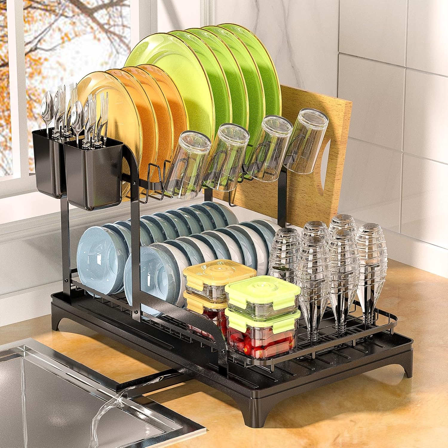 Yexati Large Capacity Dish Drainer 2-Tier Dish Drying Holder with Drip ...
