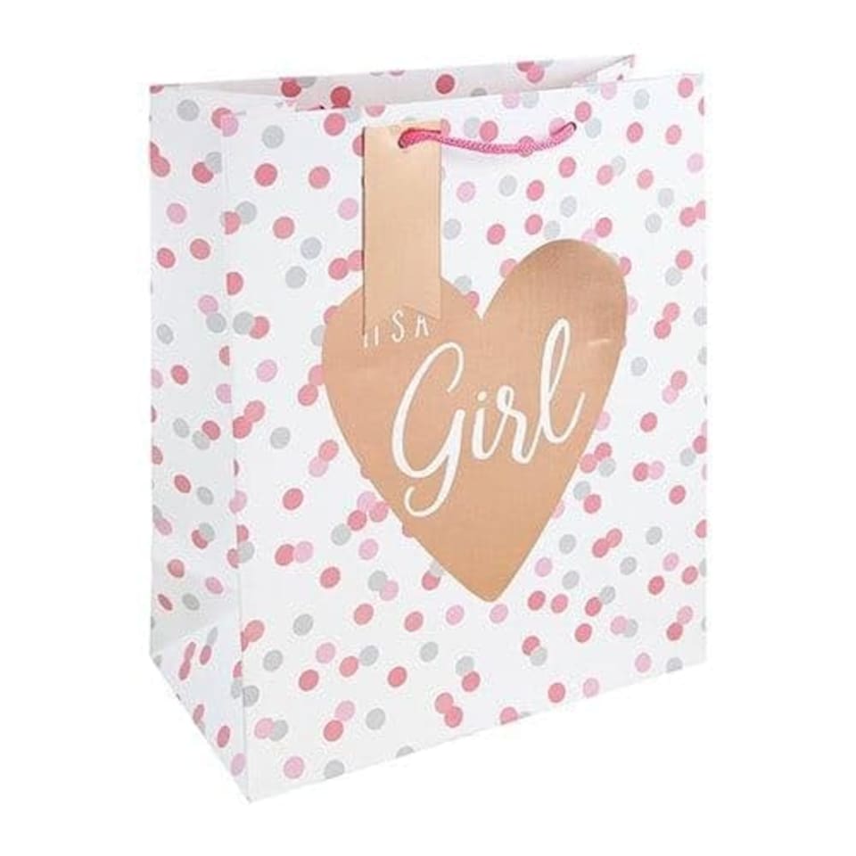 image 1 of It’s A Girl Pink Polka Dot Large White Gift Bag 33cm | Pink | 1