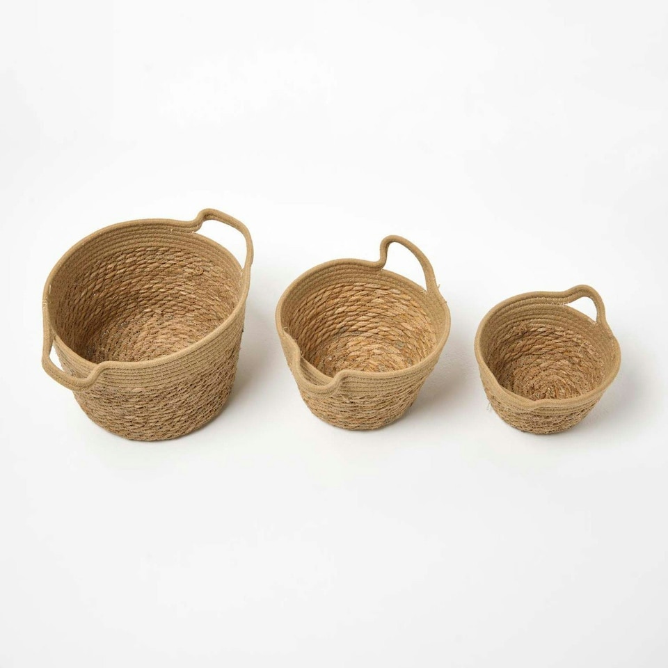 image 1 of Homescapes Set of 3 Woven Storage Baskets, Natural Grass and Rope Cream