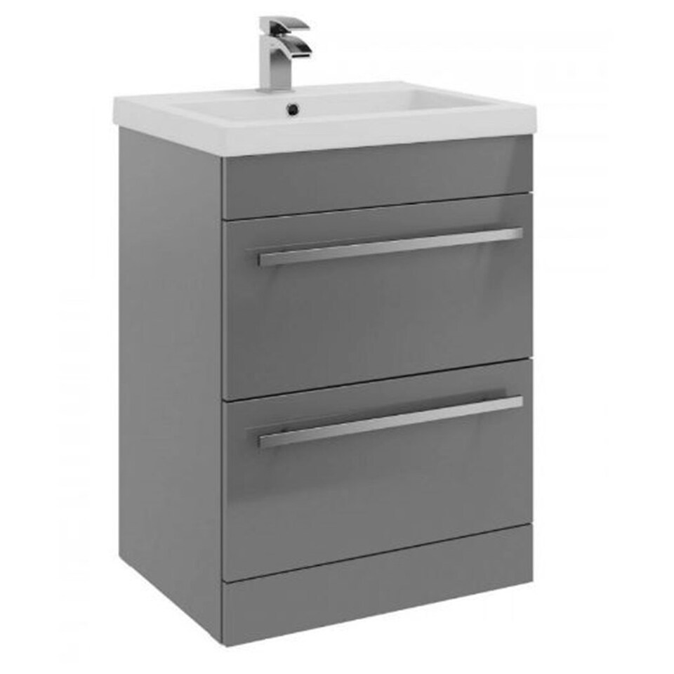 image 1 of Bathroom 2-Drawer Floor Standing Vanity Unit with Mid Depth Ceramic Basin 600mm Wide - Storm Grey Gloss - Brassware Not Included Grey