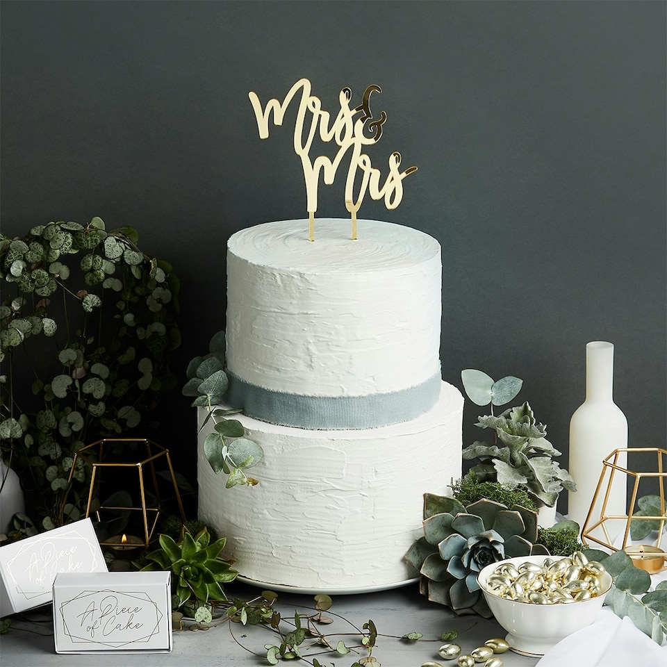 image 1 of Gold 'Mrs & Mrs' Acrylic Cake Topper