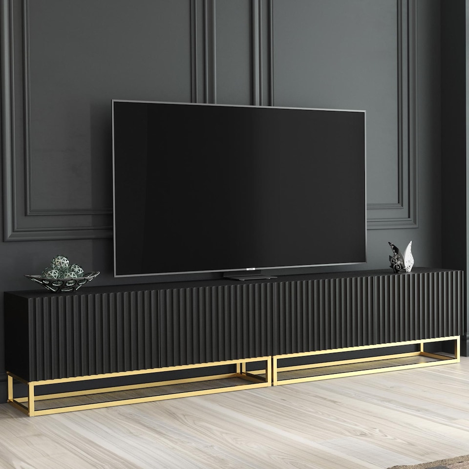image 1 of TV Stand TV Unit Modular Media Cabinet Storage Cabinet Black Fluted Gold Legs 200cm