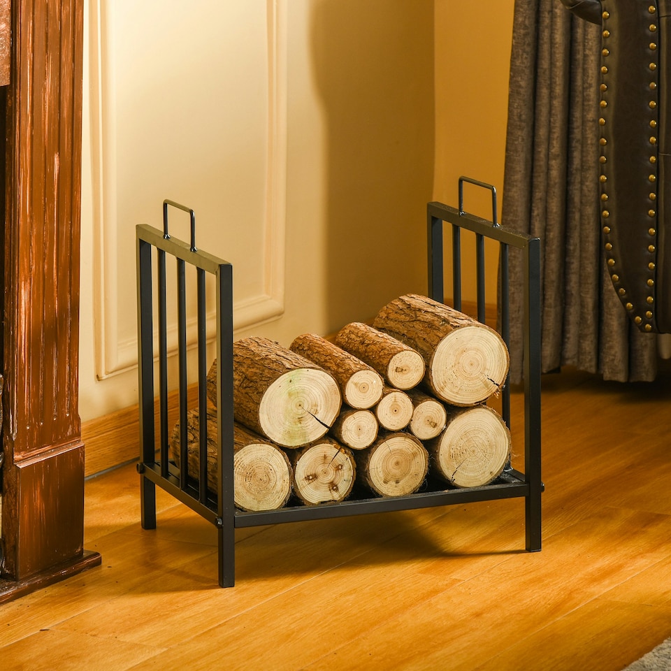 image 1 of Outsunny Firewood Log Holder Wood Storage Rack w/ Handles Outdoor Indoor, Black
