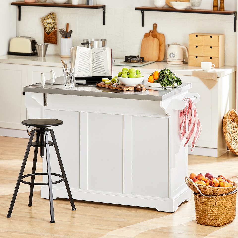 image 1 of SoBuy Extendable Kitchen Island on Wheels with Stainless Steel Worktop, White, 51.2x18.1/28.0x35.8 inches, 27.3 kg - FKW41-ST