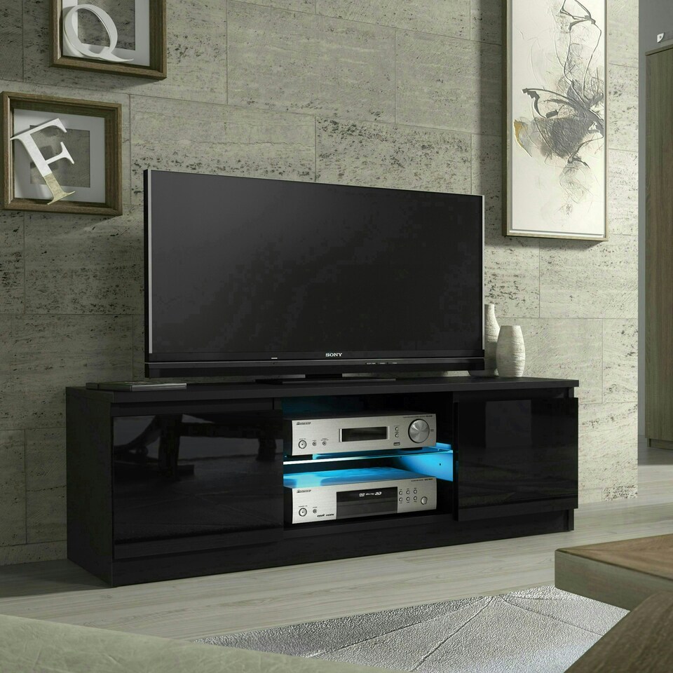 image 1 of TV Unit 120cm Black Gloss Doors Black Matt Body Glass Shelf Free LED Black