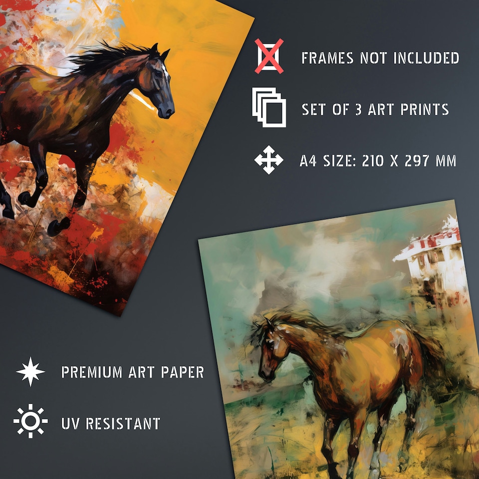 image 1 of Set of 3 Wild Horses Oil Paintings Galloping Wilderness Canada Wall Art Print A4
