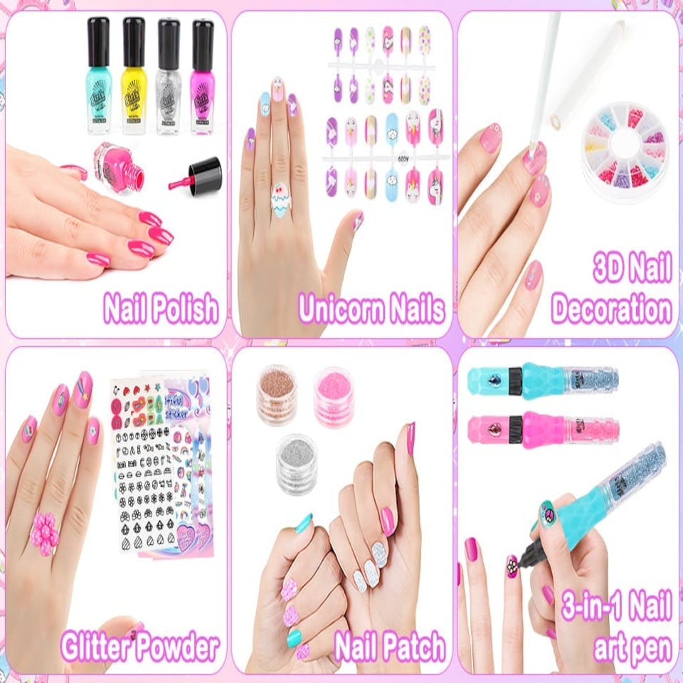 image 1 of Girls Nail Polish Set 6 Colors Water Based Non Toxic Nail Varnish with Stickers Dryer Glitter Quick Dry Easy Peel Off Manicure Kit