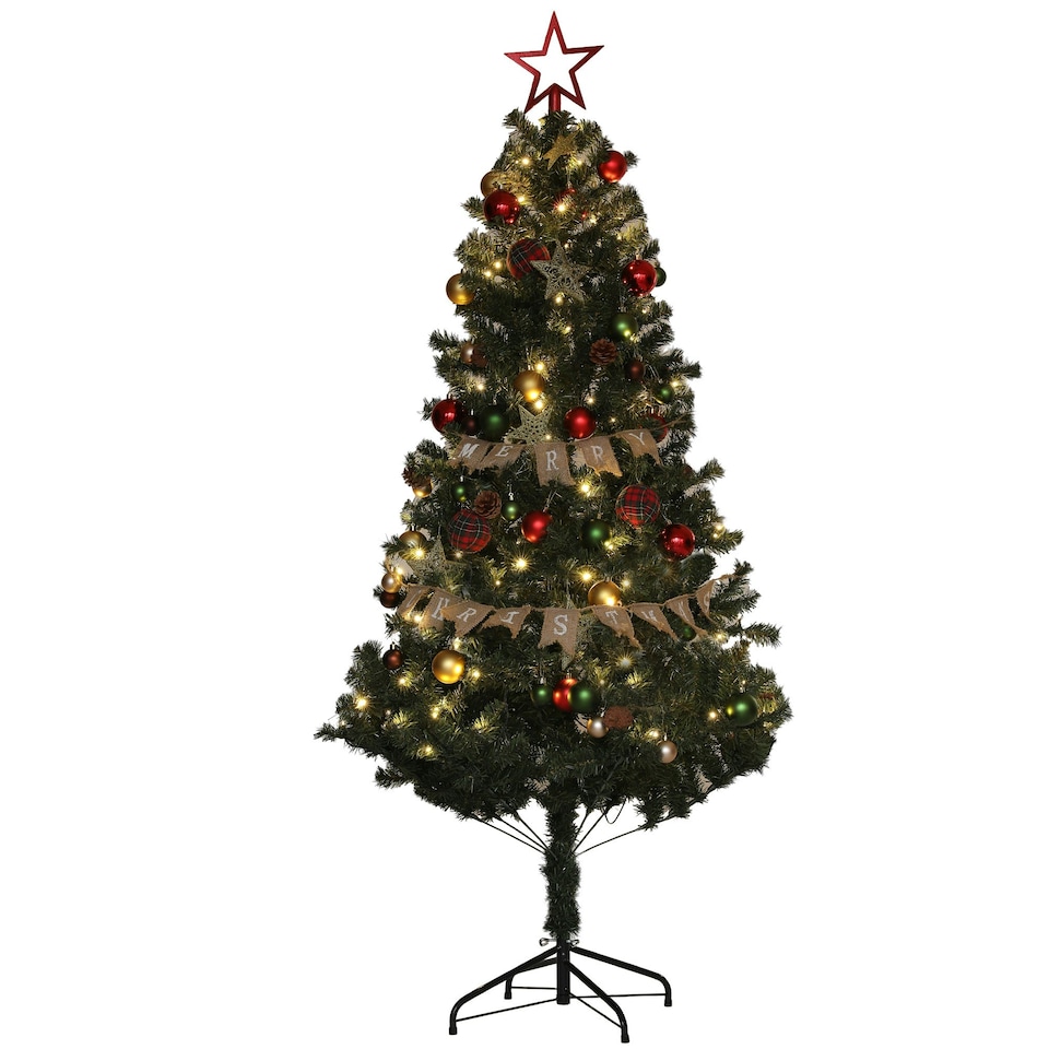 image 1 of HOMCOM 6ft Artificial Christmas Tree with LED Lights and Red Decorations