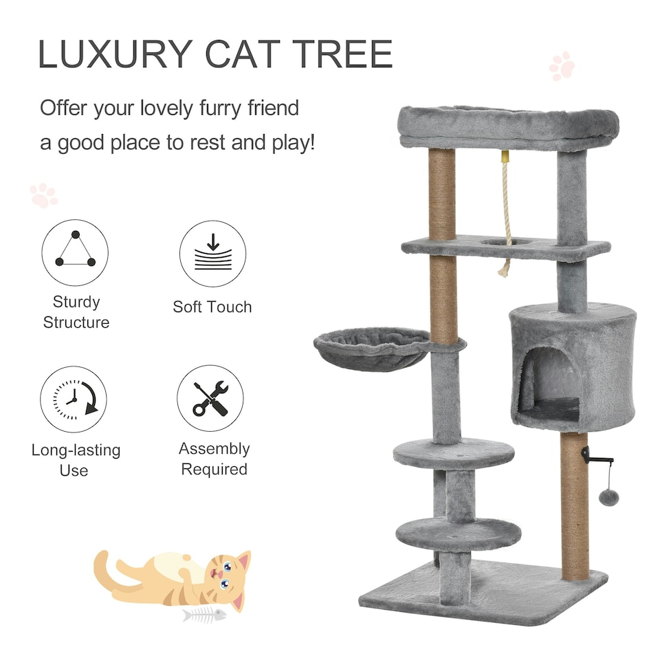 image 1 of PawHut 120cm Cat Tree Tower with Scratch Post Perch Hammock Condo Light Grey