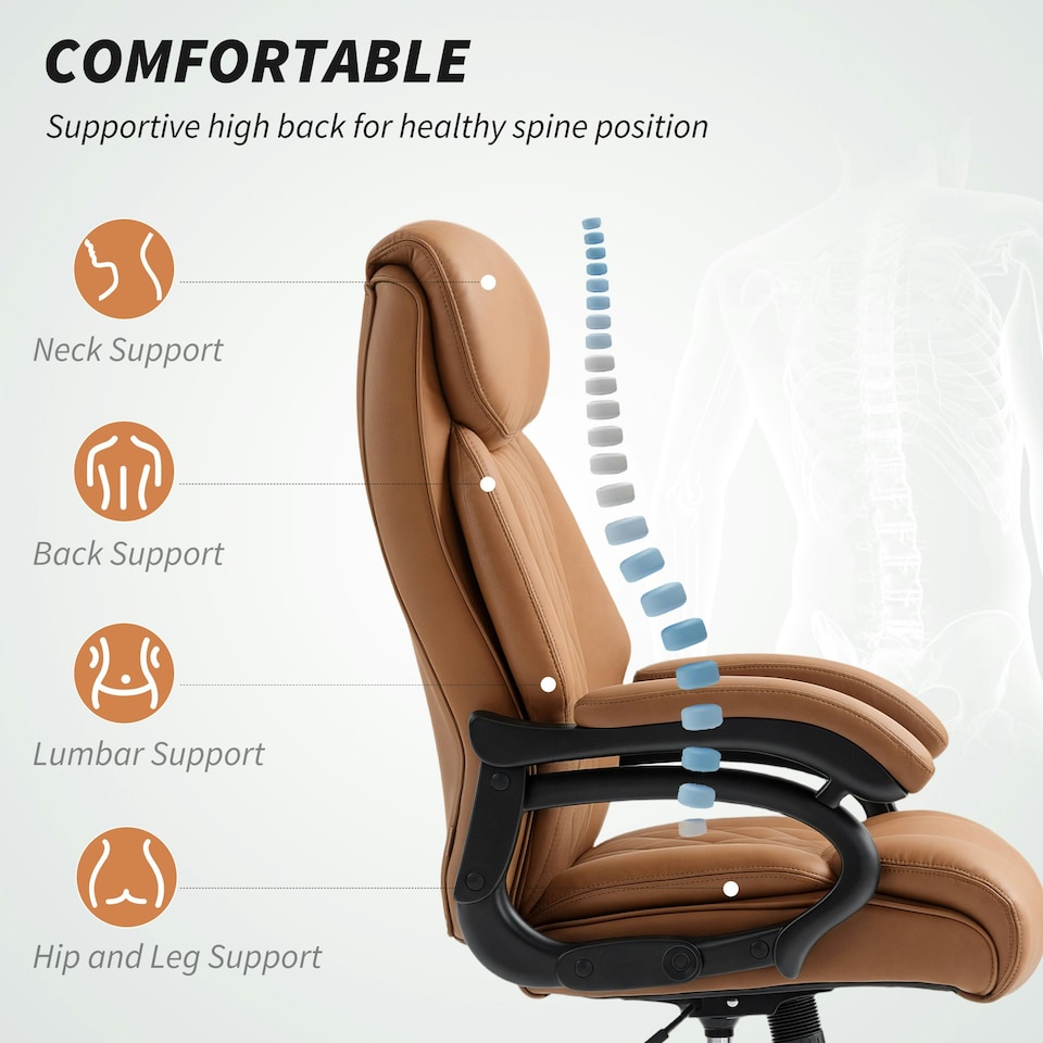 image 1 of HOMCOM PU Leather Office Chair with Spring Padding, Swivel Wheels, Brown Brown | Light Brown