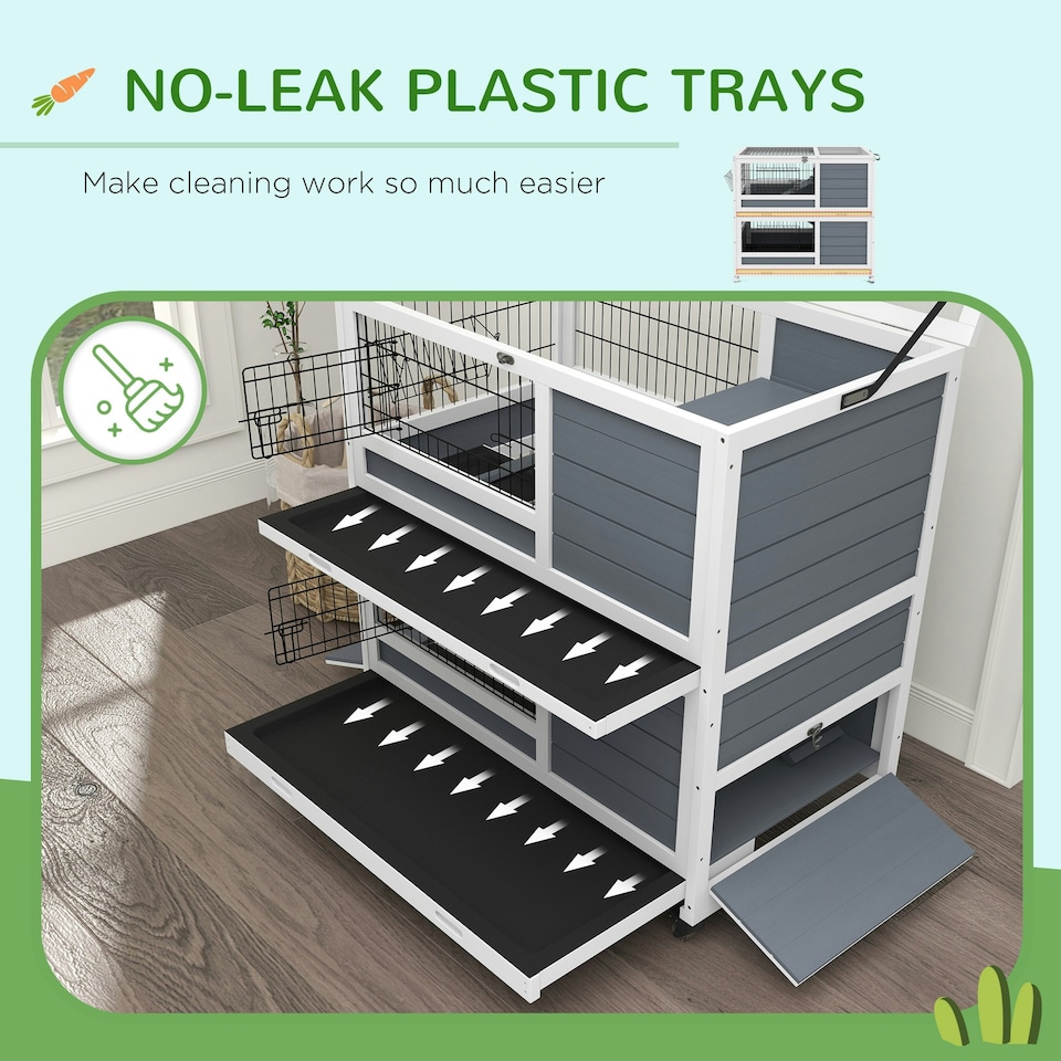 image 1 of PawHut Rabbit Hutch, Indoor Wooden House w/ Wheels, Trays, Grey