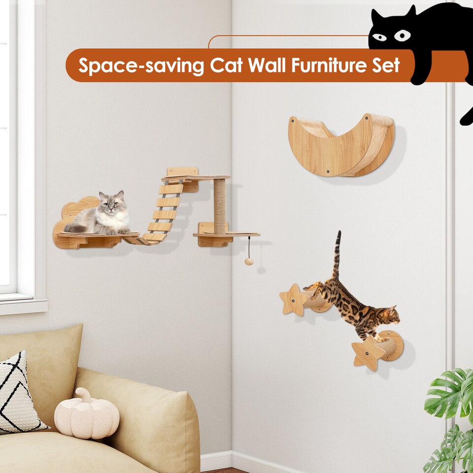 image 1 of COSTWAY 6 Pieces Cat Wall Mounted Shelves DIY Cat Beige
