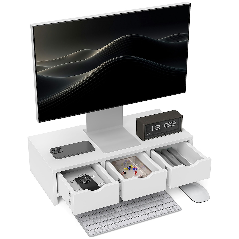 image 1 of HOMCOM Monitor Stand Riser with 3 Drawers for Laptop, Computer, PC, White