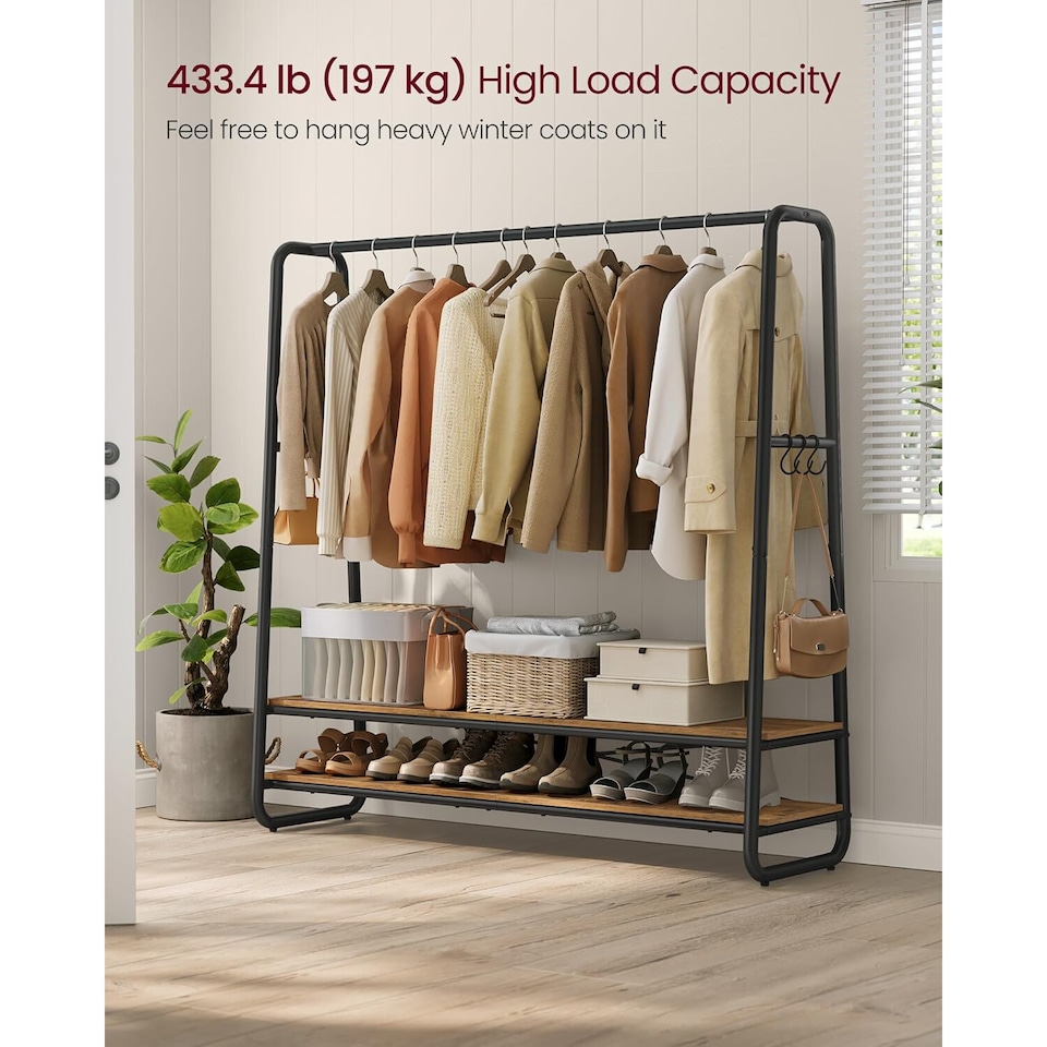 image 1 of Garment Rack with Shelves and Hooks, Bedroom Clothes Rail Storage Unit, Rustic Brown and Black