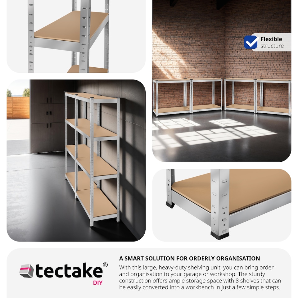 image 1 of Garage Shelving - heavy-duty galvanised steel frame, height-adjustable shelves | Silver | silver | 160 x 40 x 160 cm | 1