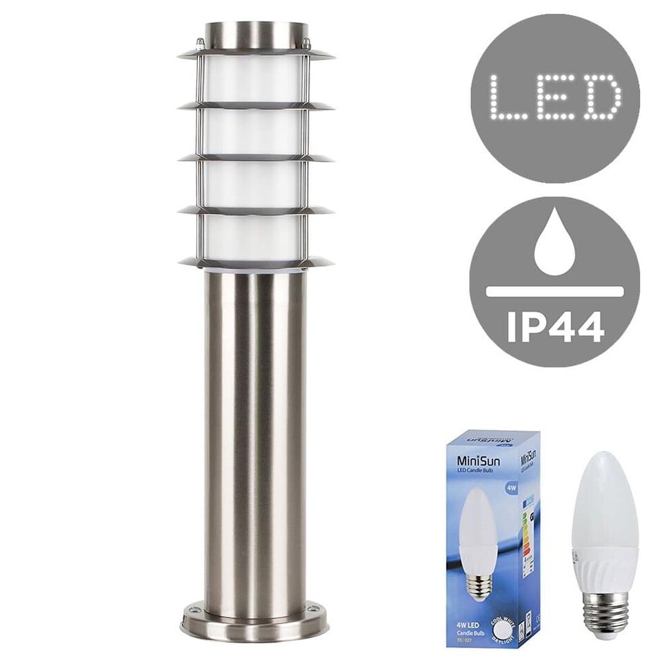 image 1 of ValueLights Wharf Outdoor Stainless Steel 450mm Bollard Lantern Light Post & Cool White LED Bulb | Chrome