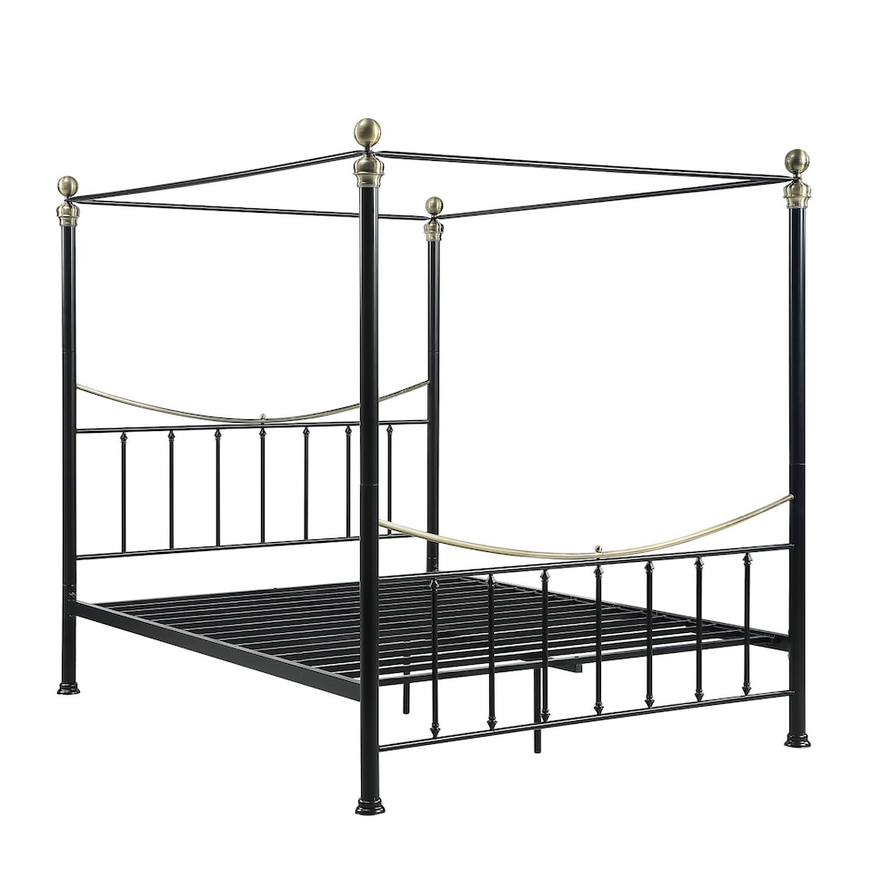 image 1 of Marylebone Traditional Four Poster Canopy Metal Bed Frame | Black | Black & Brass | King