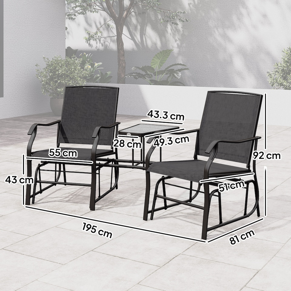 image 1 of Outsunny Outdoor Double Glider Rocking Chairs with Glass Top Middle Table, Metal Gliding Love Seat Conversation Furniture with Breathable Mesh Fabric Seat, for Garden, Patio, Black
