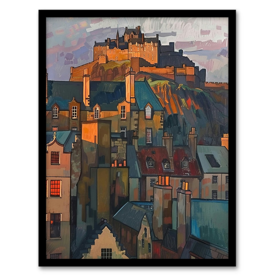image 1 of Edinburgh Castle Sunset Cityscape Iconic Black Framed Wall Art Print A4