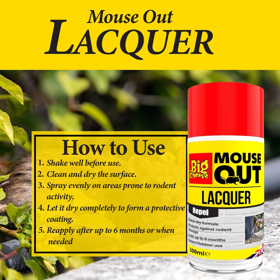 image 1 of The Big Cheese Mouse Out Lacquer 300ml Aerosol Quick Dry Rodent Repellent Protective Spray