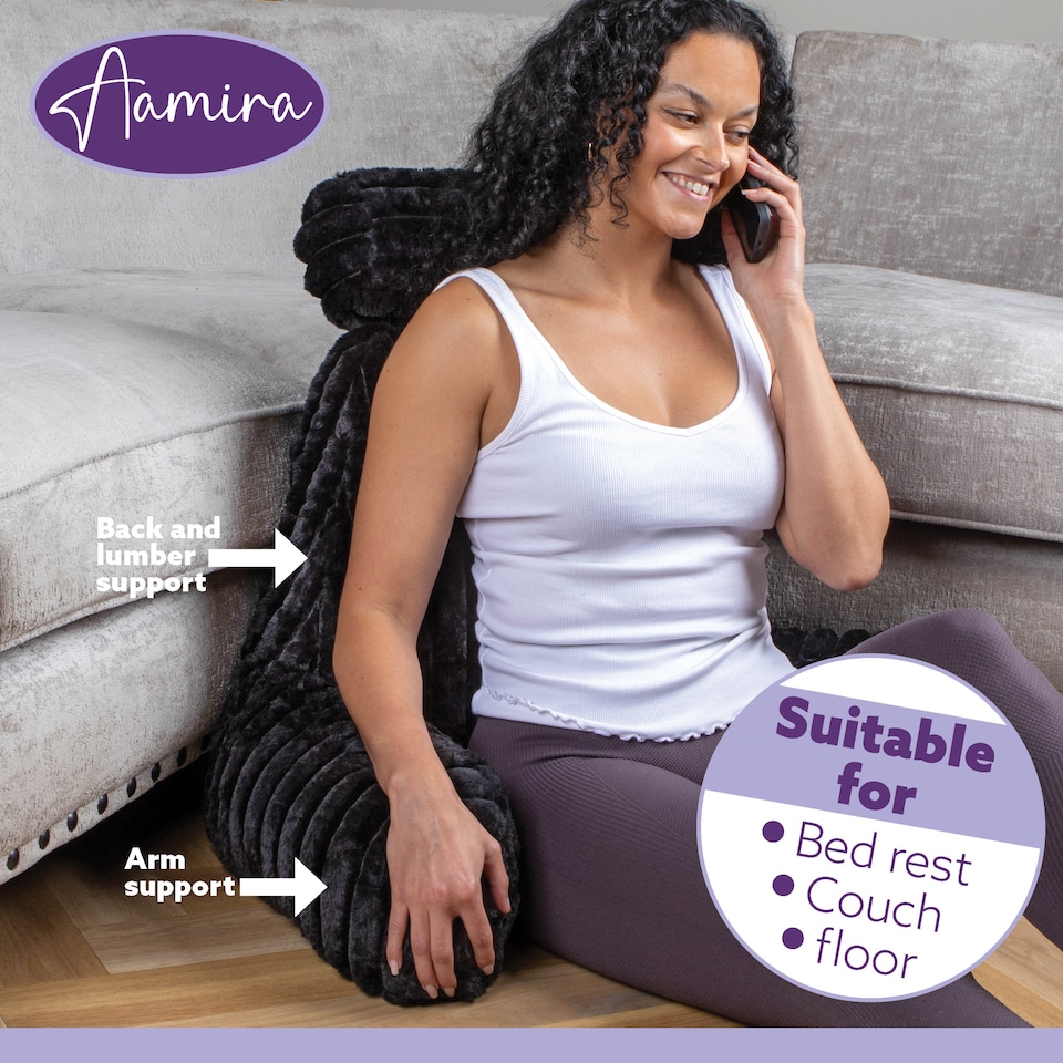 image 1 of Aamira Reading Pillow Black Faux Fur Ribbed Memory Foam Support Cushion | Black | Black | Standard | 1