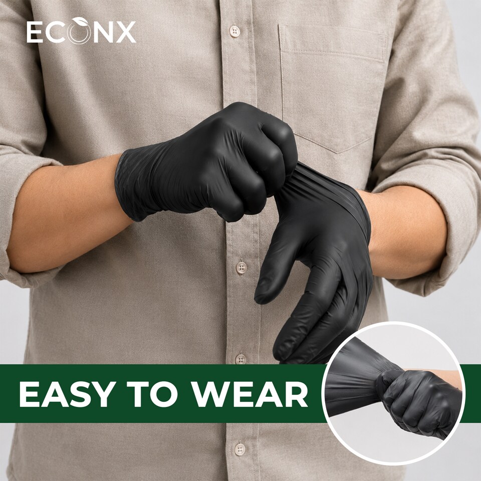 image 1 of ECONX Black Disposable Nitrile Gloves Powder Free Latex Free Medium Size Food Safe Cleaning Medical Multi Purpose Use x 1000pk