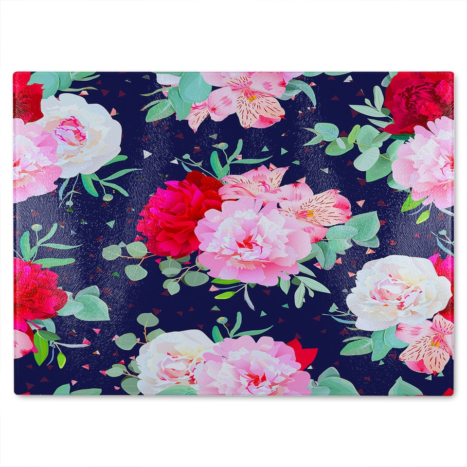 image 1 of Roses On Navy Glass Chopping Board | Multi