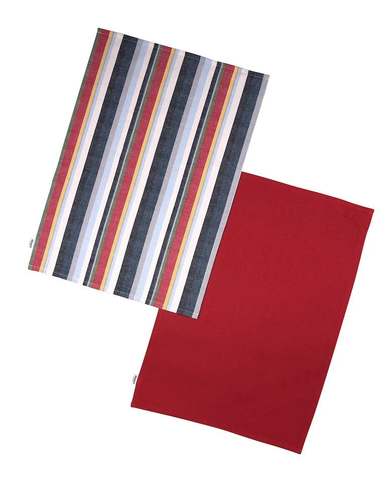 Striped Recycled Cotton Set of 2 Tea Towels - Red | Multi