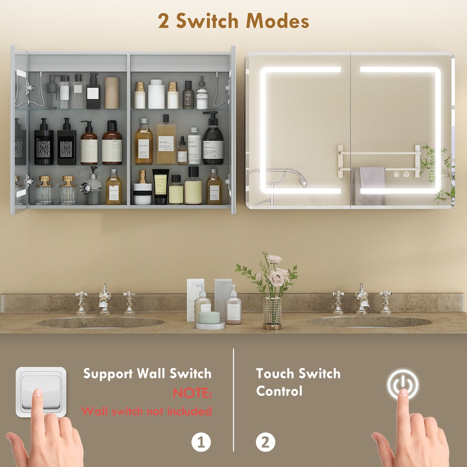 image 1 of HOMCOM 60 x 80 cm LED Bathroom Mirror Cabinet with Double-Sided Mirrors | Silver | Silver | 80W x 13.5D x 60H cm