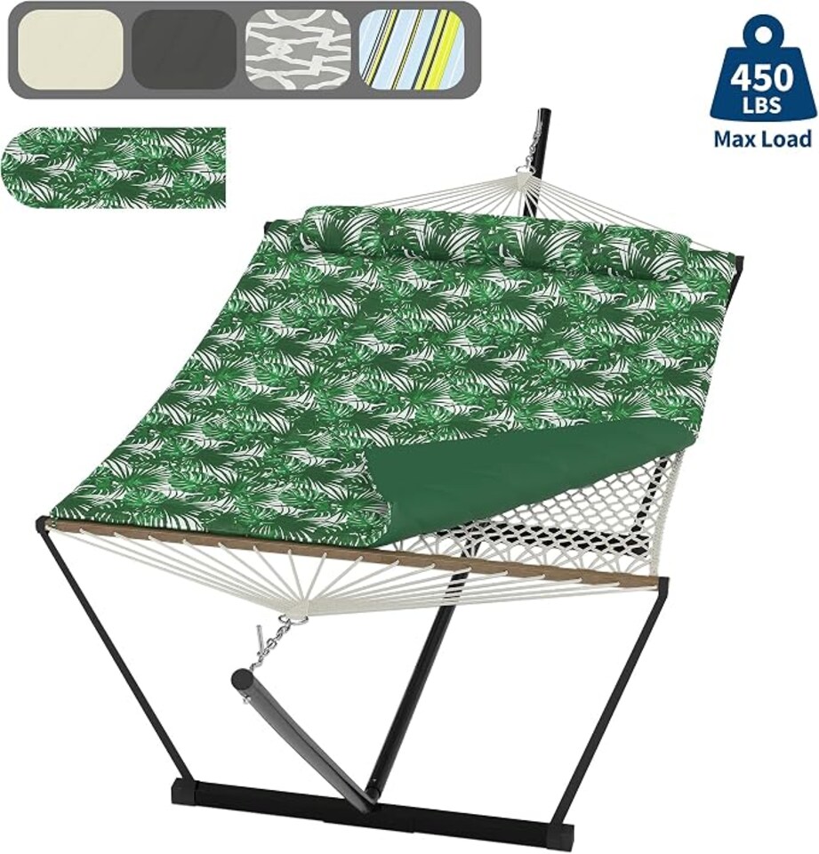 image 1 of London Boutique Double Hammock with Stand, 450lbs Heavy Duty 2 Person Hammock with Pillow & Pad for Backyard Garden Camping