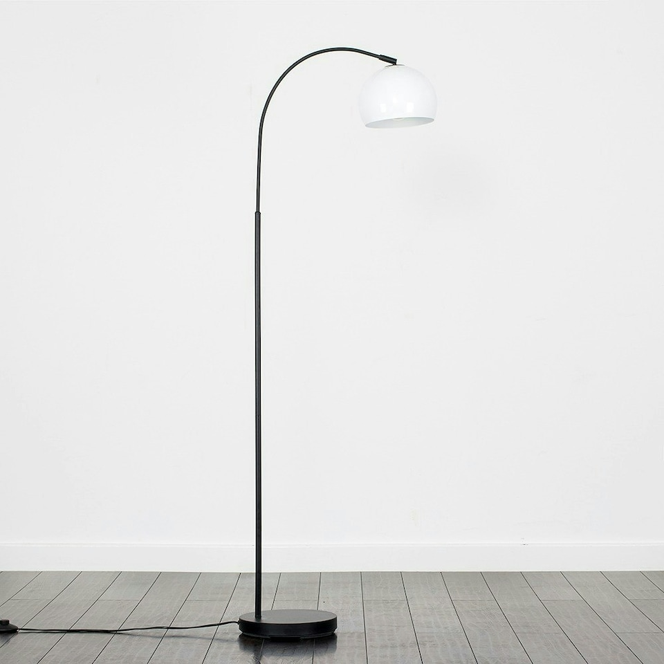 image 1 of ValueLights Curva Gloss Black Floor Lamp with White Dome Shade and LED Bulb