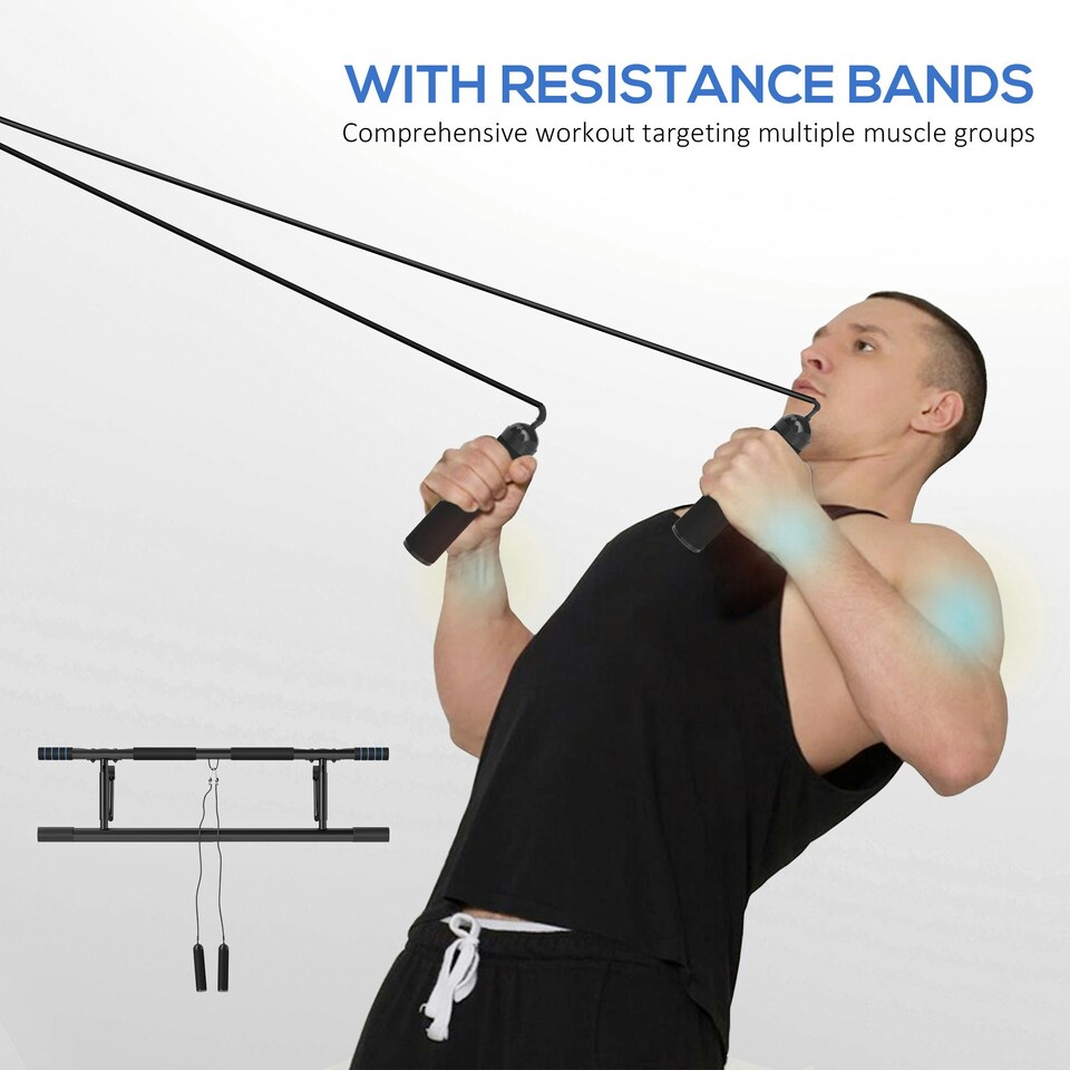 image 1 of SPORTNOW Pull Up Bar Doorway, Push Up Stand w/ Resistance Bands, Blue