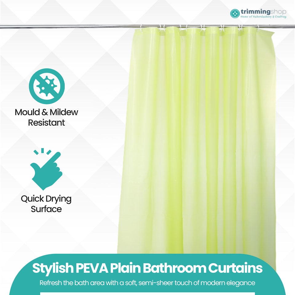 image 1 of PEVA Plain Mould & Mildew Resistant Shower Curtain with 12 Hooks - 180x180cm