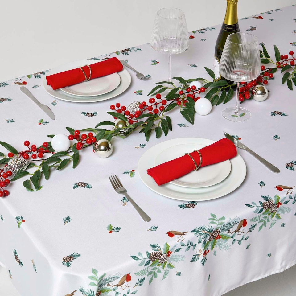 image 1 of Homescapes Robin Christmas Tablecloth - 132 x 229 cm | White | 132 x 229 cm