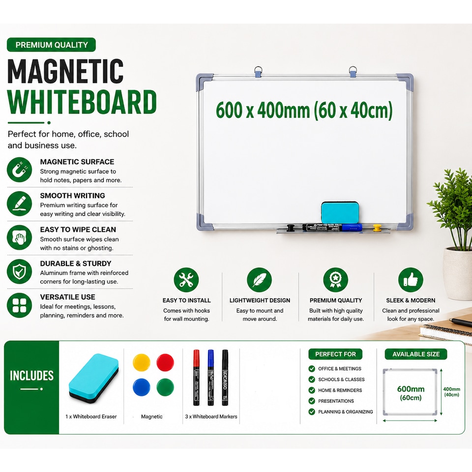 image 1 of Magnetic Whiteboard 600 x 400mm Silver Aluminum Frame Lightweight Hanging Dry Wipe White Board Office, School & Home Writing Board