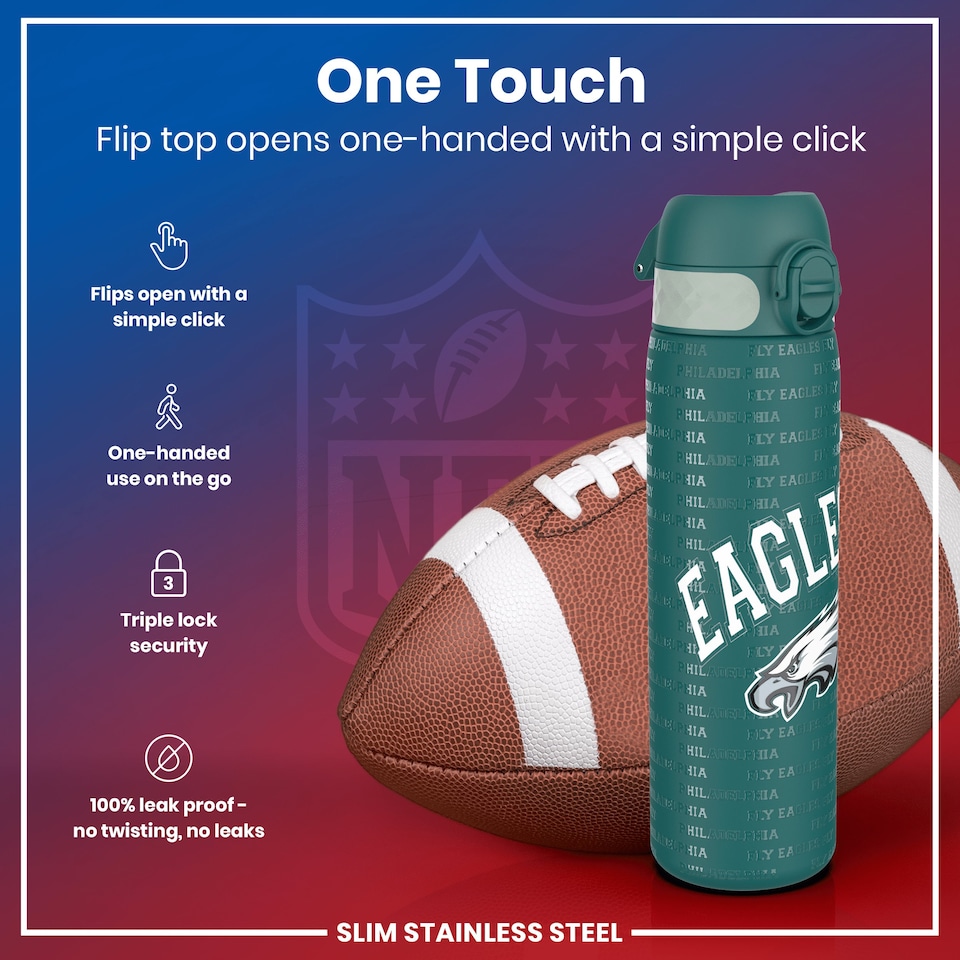 image 1 of Leak Proof Slim Water Bottle, Stainless Steel, NFL, 600ml (20oz) | Green | NFL Eagles | One Size