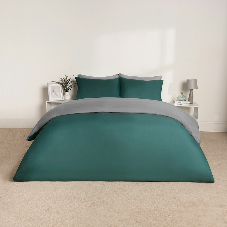 image 1 of OHS Reversible Microfibre Duvet Cover and Pillowcase Bedding Set Multi | Teal and Grey | Double