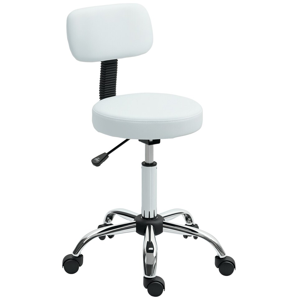image 1 of HOMCOM Rolling Stool with Backrest, Wheels, Faux Leather Salon Chair, White White