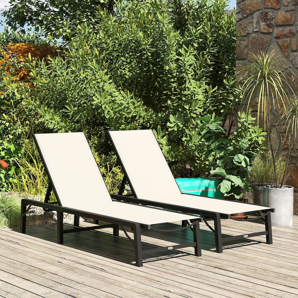 image 1 of Outsunny Folding Sun Lounger Set of 2, 5-Position Reclining Sun Bed | Brown | Khaki