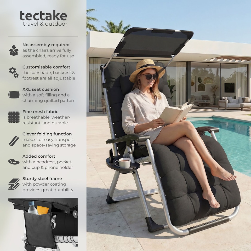 image 1 of Sun Lounger Cirrus with Plush Padding, Built-in Sun Shade and Folding Function | Black | black | One Size | 2