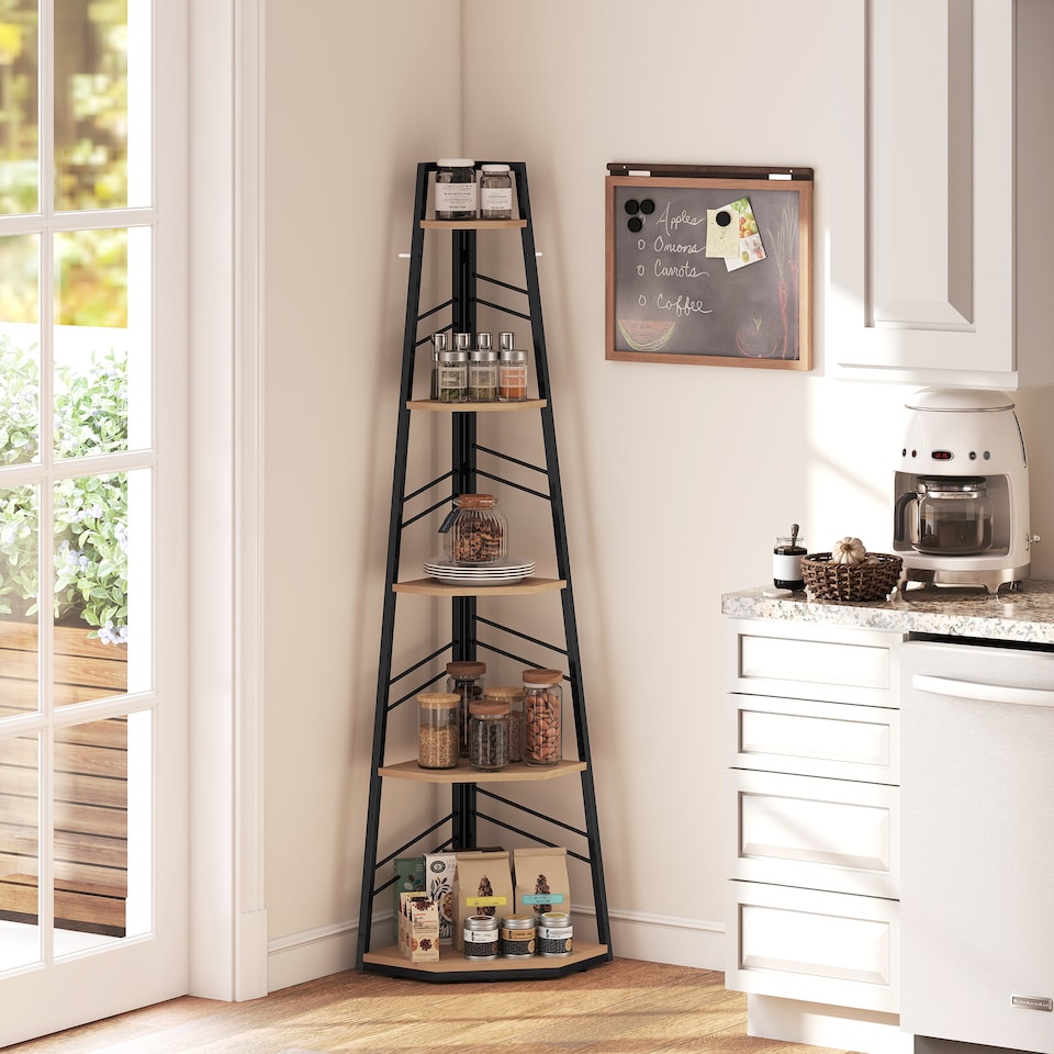 image 1 of HOMCOM 5-Tier Corner Bookcase, Floor Standing Shelving Unit | Brown | Natural wood finish | 36.5 x 36.5 x 159.5 cm