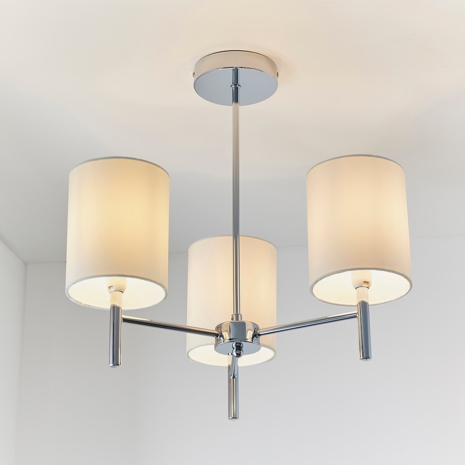 image 1 of Brio 3 Light Semi Flush Multi Arm Ceiling Light Chrome, Off White Silk Effect, E14