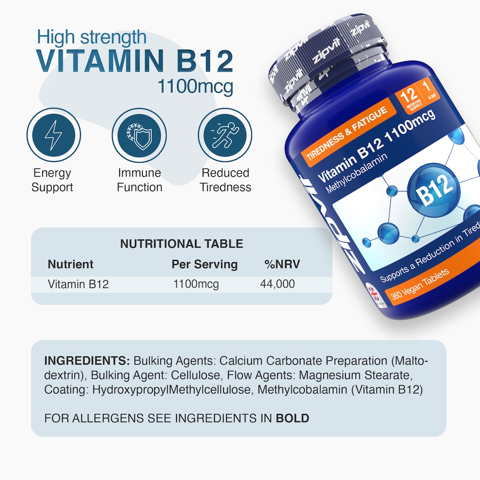 image 1 of Zipvit Vitamin B12 1100mcg, Energy & Immunity Support, 360 Vegan Tablets, 12-Month Supply