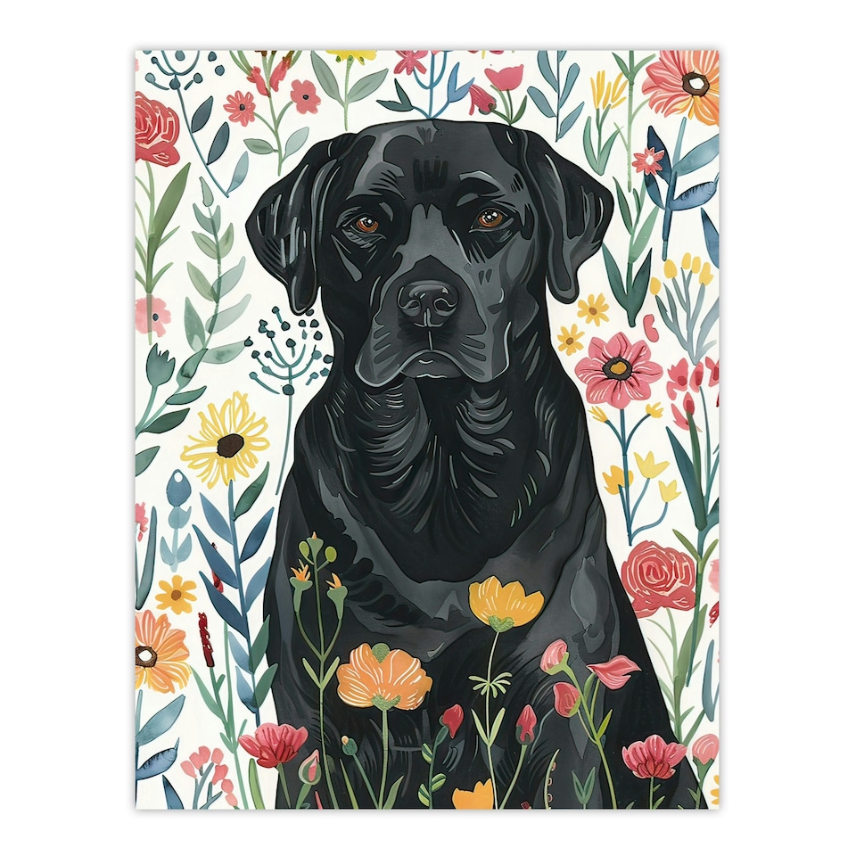 image 1 of Dog Lover Black Labrador in Wildflower Field Black Framed Wall Art Print A4