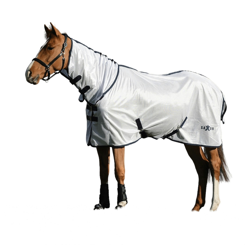 image 1 of Saxon Mesh Combo Neck Turnout Rug - White/Navy - 4ft 9in