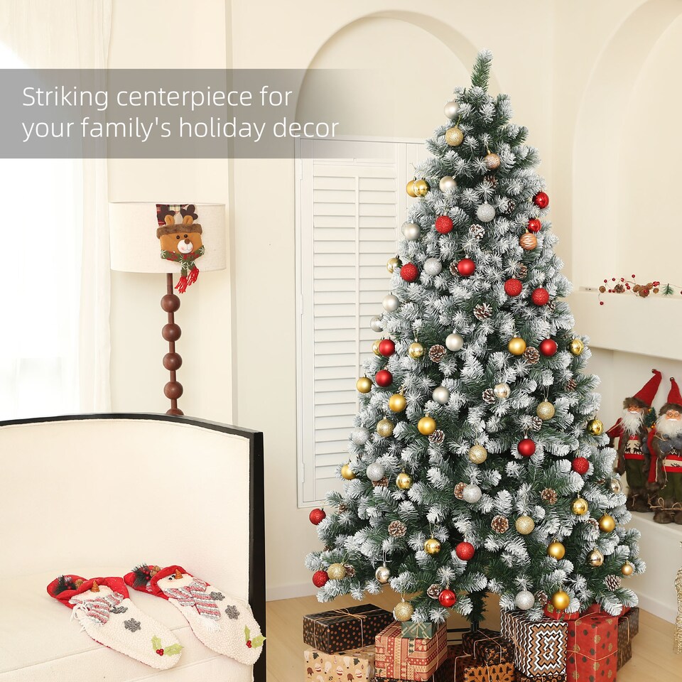 image 1 of HOMCOM 7ft Artificial Pine Christmas Tree with 1152 Branch Tips and Steel Base, Realistic Hinged Tree with Pinecones, Holiday Decor for Home Office, Green