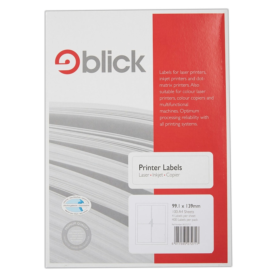 image 1 of Blick 4 Per Sheet 100 Sheets, 99.1mm x 139mm, Rectangular, White, 400 Labels