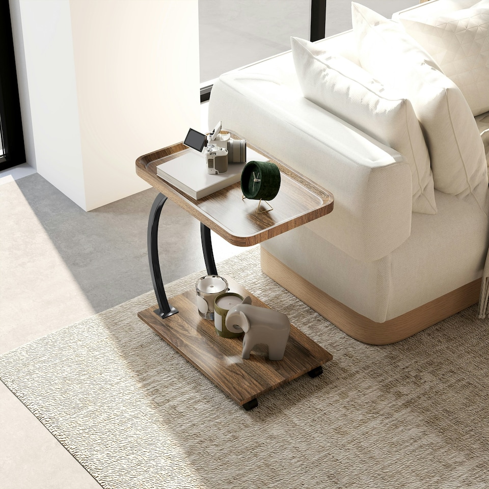 image 1 of HOMCOM C Shaped Side Table with Storage & Wheels for Living Room, Brown Brown