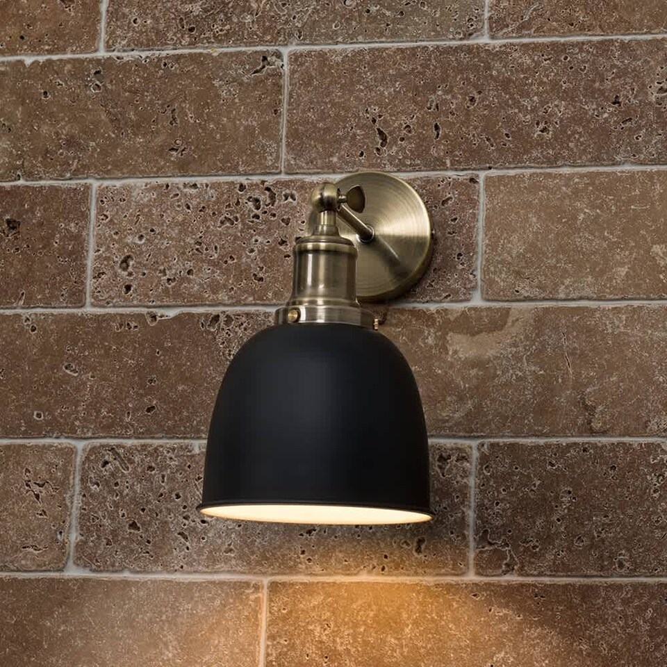image 1 of ValueLights Antique Brass Adjustable Knuckle Joint Wall Light With Gloss Black Dome Shade